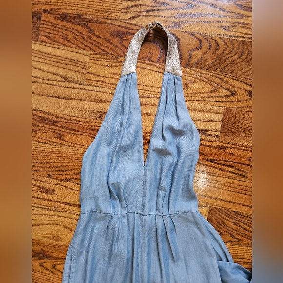 💋BEBE Jumpsuit Halter Top lightweight Denim Blue w Leather strap - Picture 2 of 6